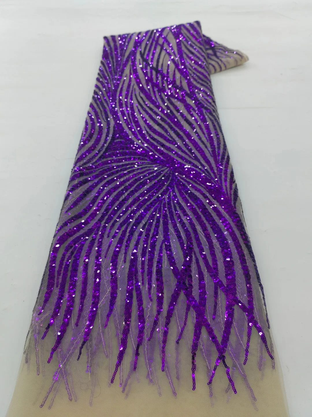 Purple Sequin Embroidery Luxury Lace Fabric Streamline Radiant Tulle Mesh Fringed Dress Fabric For Wedding Gown Evening Dress