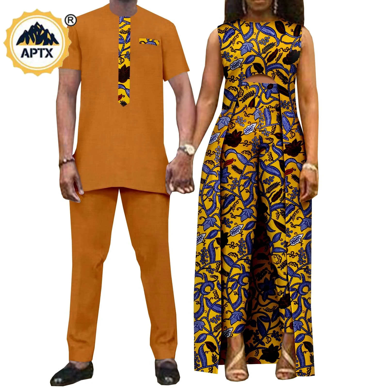 African Clothes for Men Matching Couple Outfits Dashiki Sexy Women Print Long Top Dress and Pant Sets Bazin Riche Kaftan Y22C068