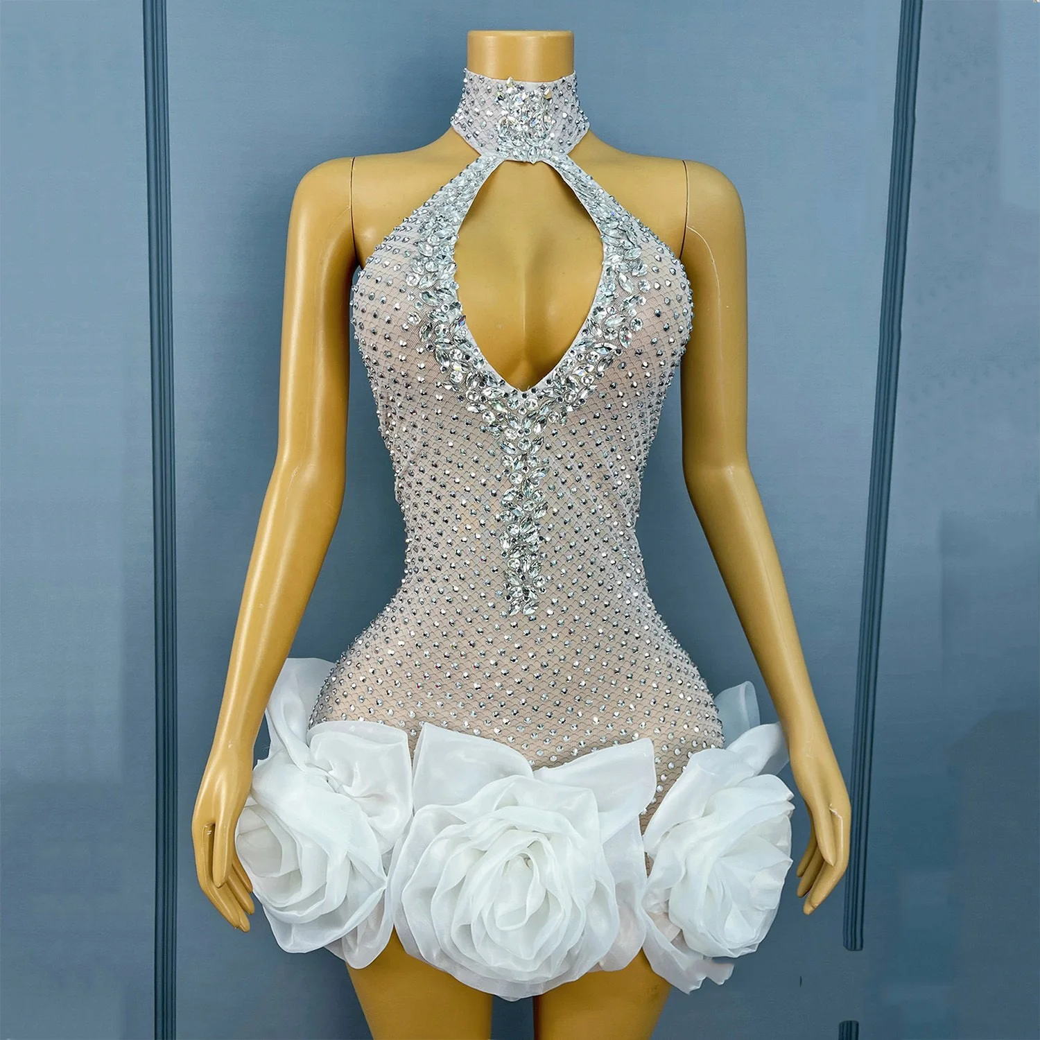 Sexy Opknoping Hals Diamant Holle Kanten Jurk Nachtclub Bar Dj GOGO Stadium Jurk Zangeres Stage Performance Kostuum DN21801