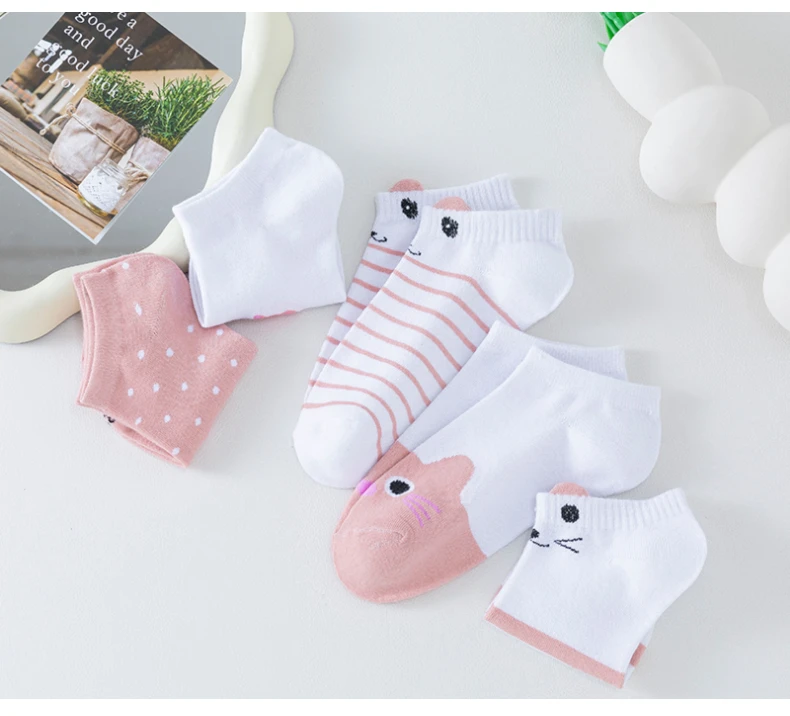 5 Paar kurze Damensocken, Pink Cat Thin, niedliche Ganzjahres-Bootsocken, Slow Top, modische Bootsocken – Detail 13