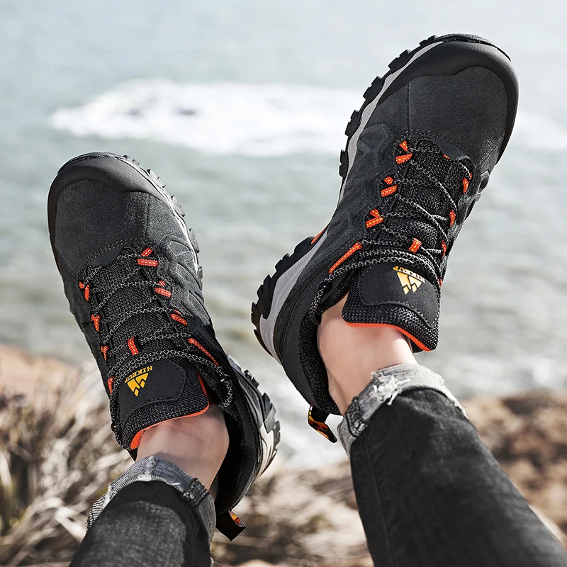 HIKEUP wysokiej jakości skórzane buty turystyczne trwałe Outdoor Sport mężczyźni Trekking skórzane buty sznurowane wspinaczka polowanie Sneakers