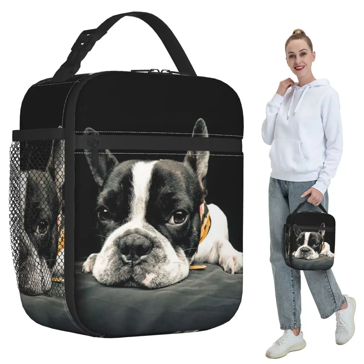 

Black Boston Terrier Insulated Lunch Bag for Kids School Cooler Thermal Food Box Tote Portable Lunch Boxes Container