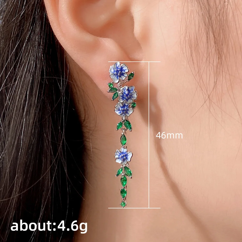 Pendientes largos de naturaleza europea y americana para mujer, temperamento de verano, flor de goteo de aceite, pendientes de circón, accesorios elegantes