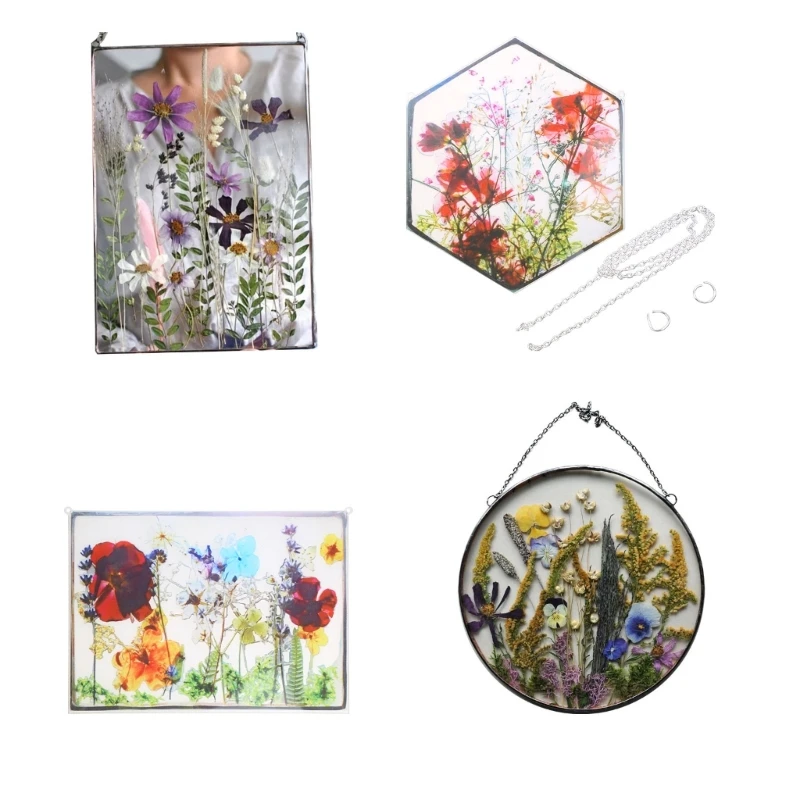 KX4B Acrylic Frame Pressed Flowers Hanging Picture Artificial Dried Plants Wall Pendant with Chain Kids Art Photo Display Decor