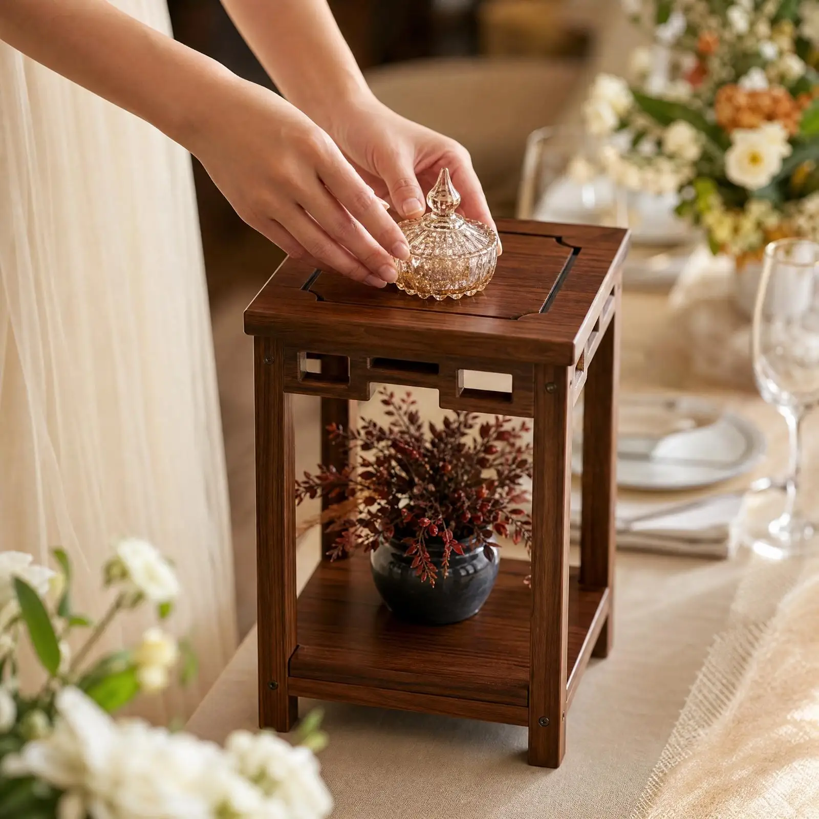 Freestanding Tiered Shelf Stand Sturdy Walnut-Finish Wood Display Stand Rack Open-Frame for Beverage Station, Event Styling