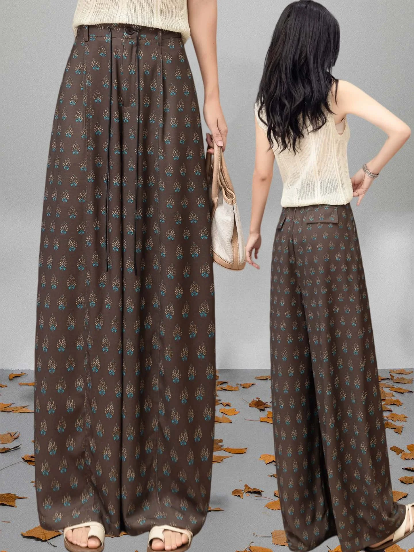 Retro Floral Print Wide Leg Pants Women's Summer New Style Loose Fit Casual Thin Straight Tube Pants High Waist Button Closure