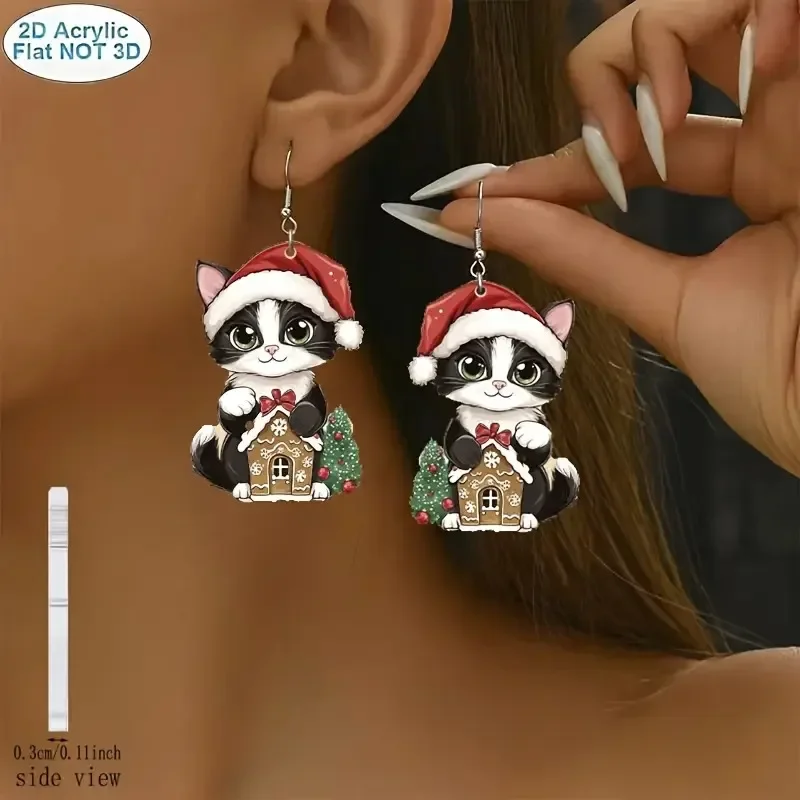 Christmas Earrings for Women Cartoon Cute Animal 2D Flat Little Red Riding Hood Christmas Hat Cat Pendant Earrings Decoration