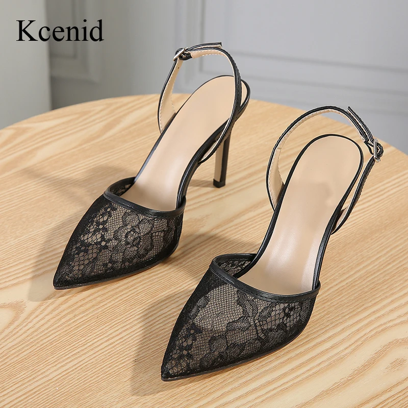 Kcenid Summer Sexy Mesh Pointed Toe Stiletto Sandals Women Slingbacks Pumps High Heels Fashion Party Wedding Ladies Prom Shoes