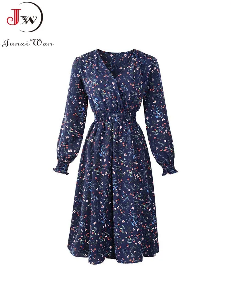 

Casual Floral Print A-Line Party Dress Women Spring Summer Elegant Long Sleeve Elastic Waist Boho Beach Dresses