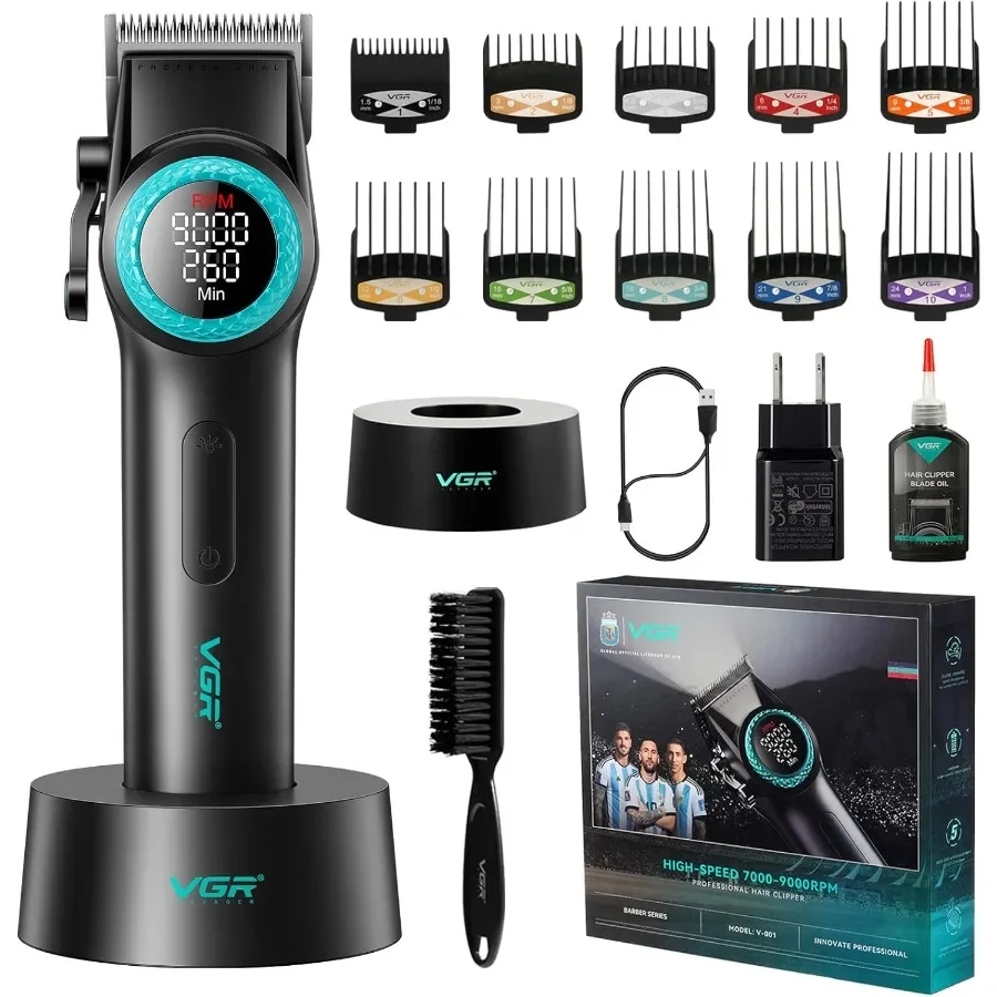

Professional Cordless Hair Clippers for Men with Carbon Steel Blade 9000RPM LED Display Black Hair Trimming for Barbers