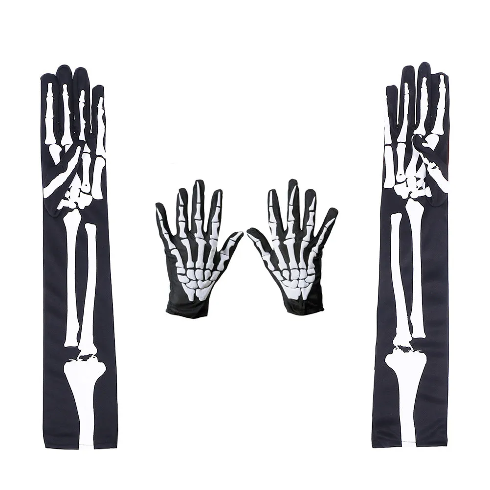 2Pairs Black Hand Gloves Halloween Costume Props Realistic Scary Bone Design Elastic Stretchy Universal Size for Trick