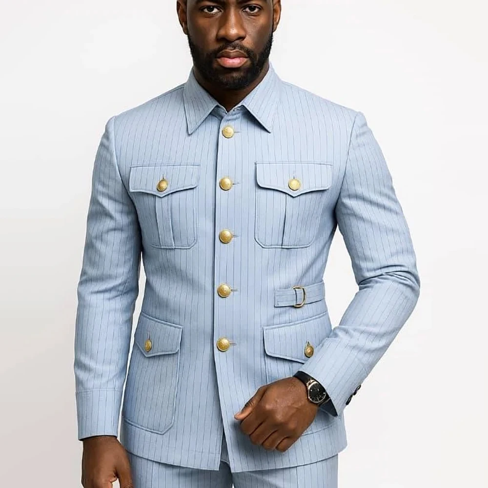 

Formal Men's Suits Stripe Stand Lapel Single Breasted Slim Fit Male Clothing High Quality Daily 2 Piece Jacket Pants Outfits