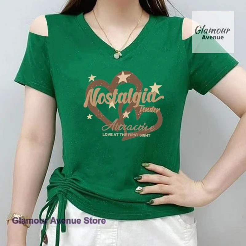 

Summer new love pattern T-neck temperament short-sleeved T-shirt female French fashion strap Western style Joker slim top