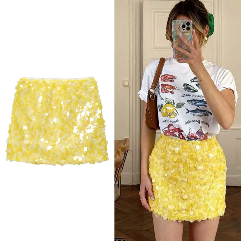 

Sequin Yellow Mini Skirt Y2k Cute Core Skirt Short Summer Streetwear Korean Fashion Wrap Short Skirt Elegant Woman Fashion Skirt