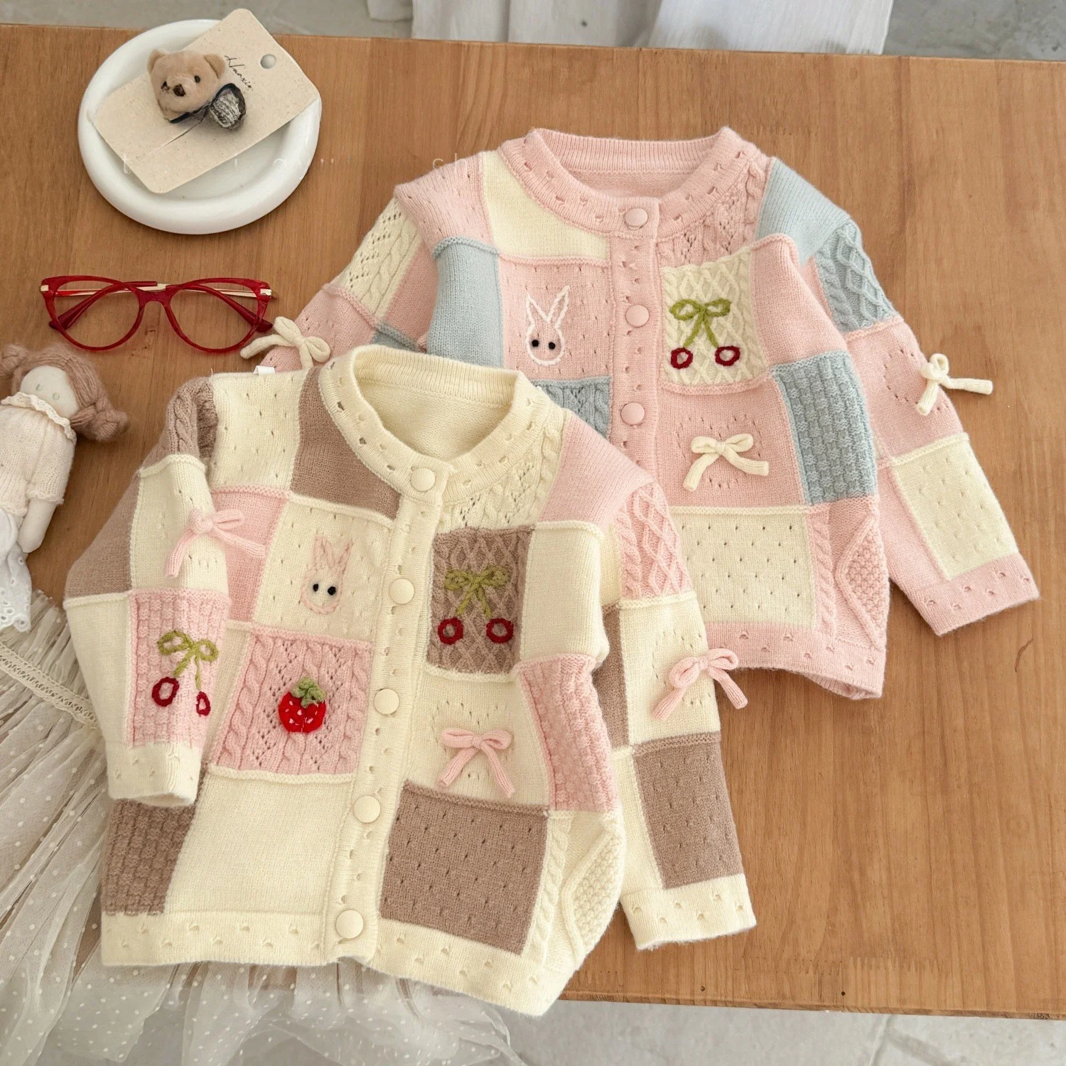

Girls Knitted Sweater Coat Autumn Winter Thiened Long Sve round Ne Single Button Closure Plaid Open Cardigan Children'...