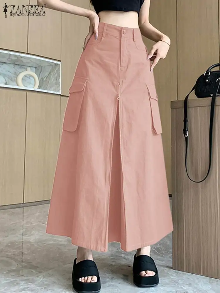 ZANZEA 2024 Spring Long Skirt Women Elegant Korean Cargo Fashion High Waist Jupes Casual A-line Maxi Skirts Chic Hip Wrap Faldas