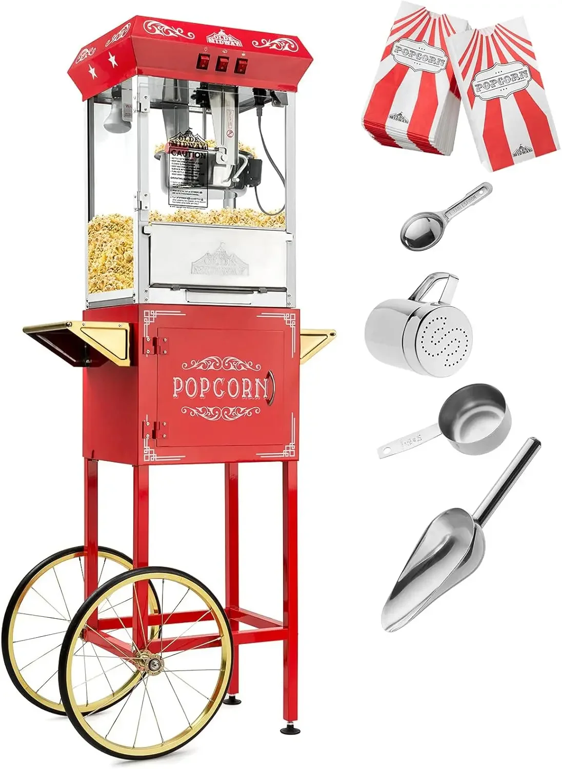 Midway Vintage Style Popcorn Machine Maker Popper with Cart and 8-Ounce Kettle - Red