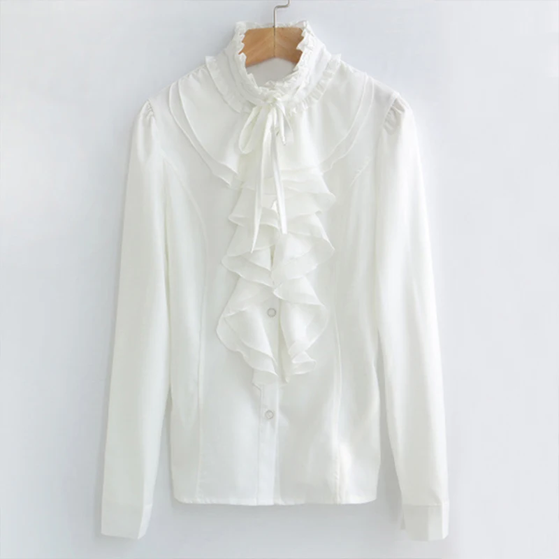 Ruffled Design Stand Collar Women White Lolita Shirt 2024 Spring Ladies Long Sleeve Gothic Chiffon Blouse