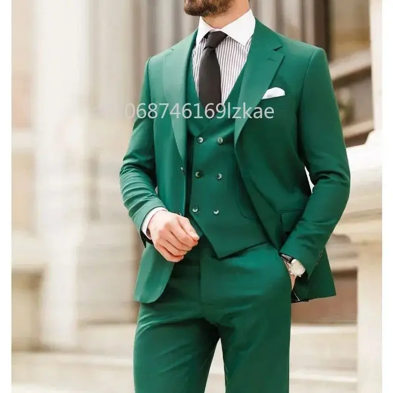 

Green Men Suits 3 Piece Jacket Pants Solid Color Customized Vest Notch Lapel Single Breasted Wedding Groom Outfits