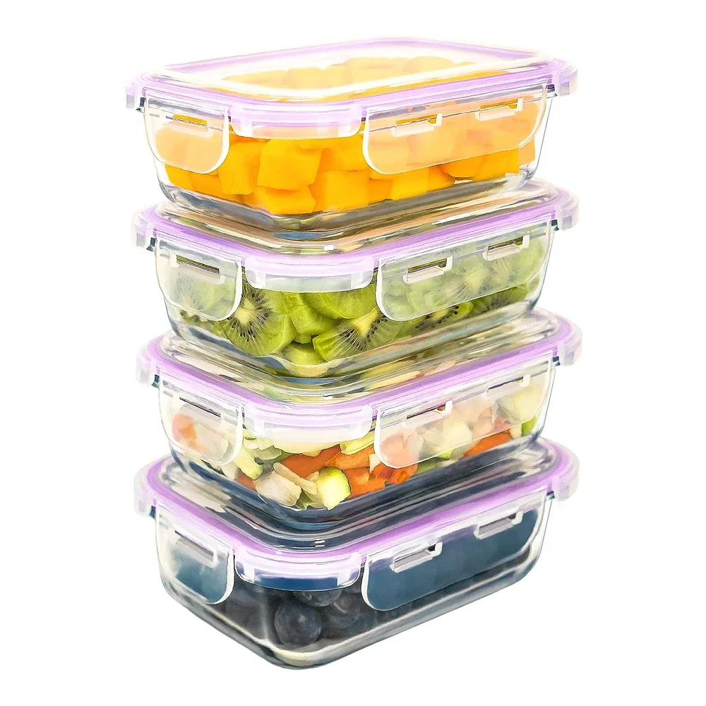 LG Luxury & Grace Fiambrera de Cristal Pack 4 x 600 ml Lila Sin Válvula - Recipientes Herméticos para Alimentos