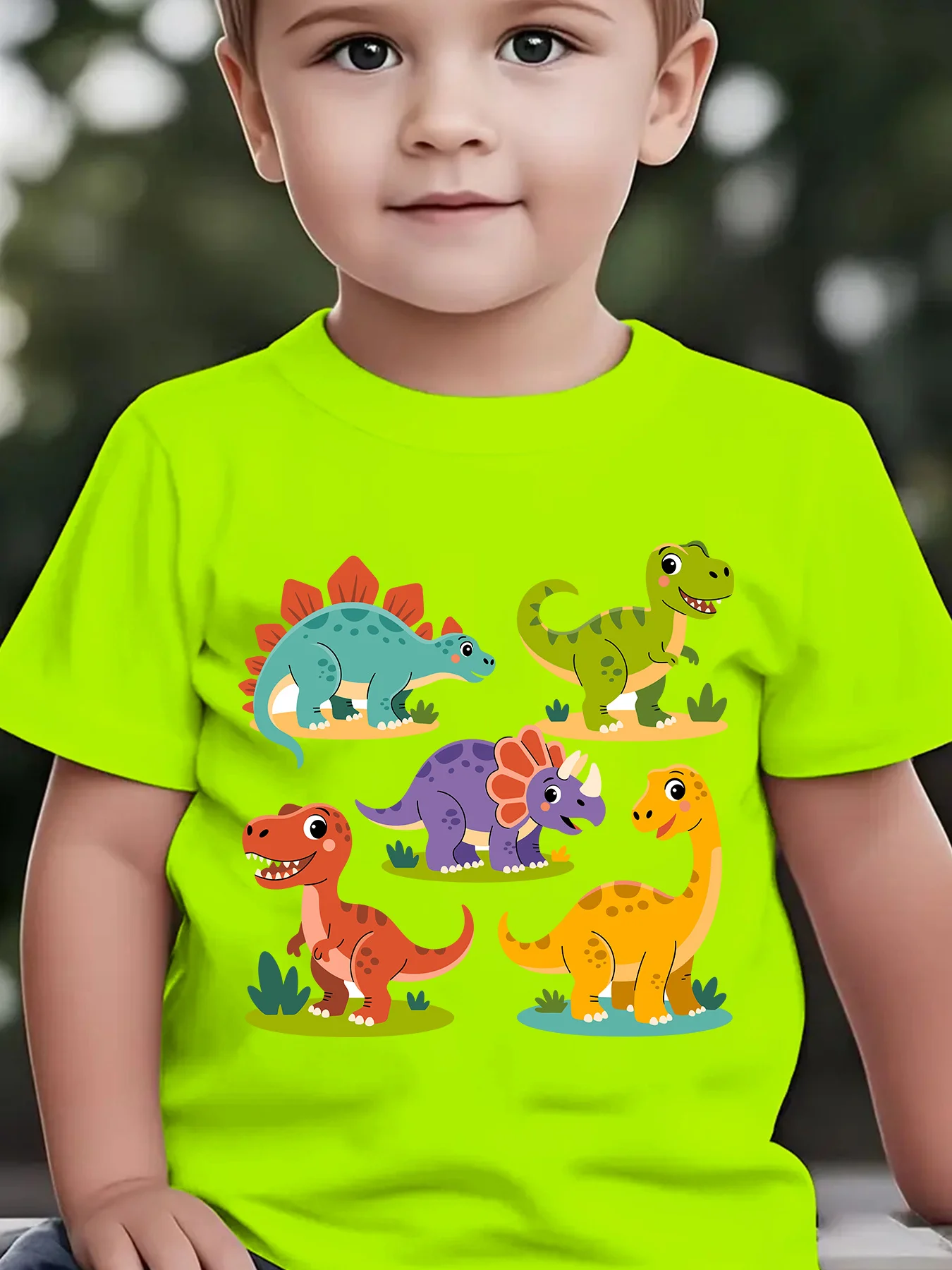 Summer Children's Fashionable T-shirt with Cartoon Dinosaur Prints Such As Stegosaur and Tyrannosaurus Rex, Outdoor Casual Top
