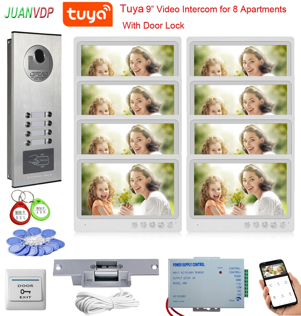 9 inch RFID HD Video Intercom Home Doorbell Tuya App Video Intercom Unlocking Door Lock For 8/10/12 Apartments