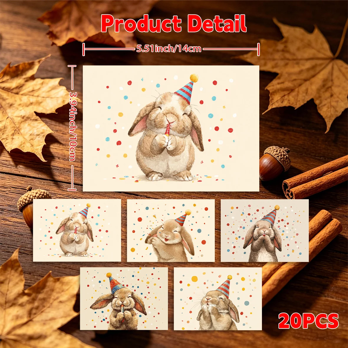 20PCS Exquisite Rabbit Hat Wearing Celebration Postcards with Colorful Dots on The Background, Used for Holiday Greetings