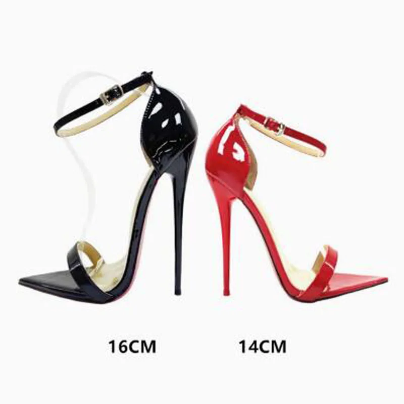 Black Red White Patent Leather Ankle Strap High Heels Sandals Pointed Open Toe One Line Cover Heel 14/16 CM Stiletto Heels Pumps
