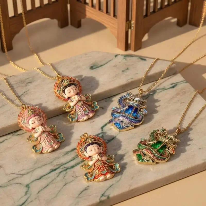 Guanyin Bodhisattva Charm Necklace Enamel Anti-Fade Protective Talisman Jewelry for Travel Daily Protection
