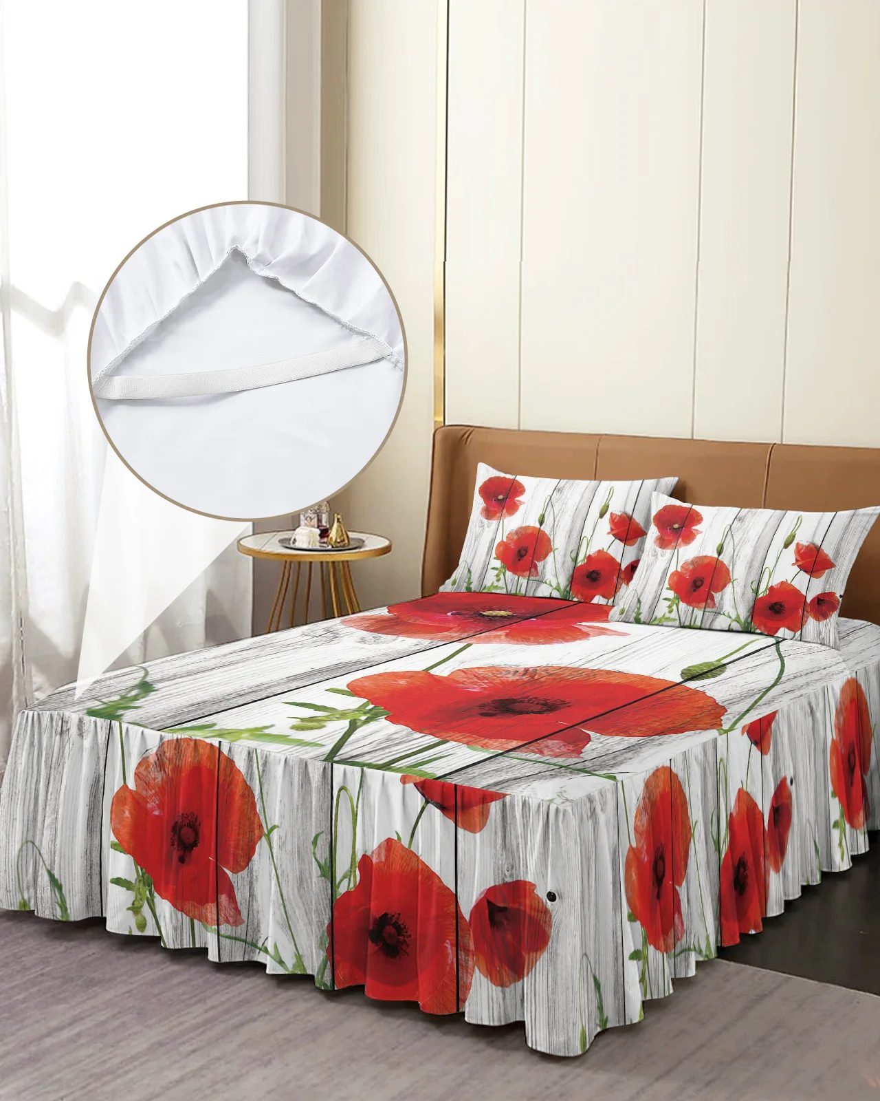 Vintage Wood Red Flowers Poppy Bed Skirt Elastic Fitted Bedspread With Pillowcases Mattress Cover Bedding Set Bed Sheet