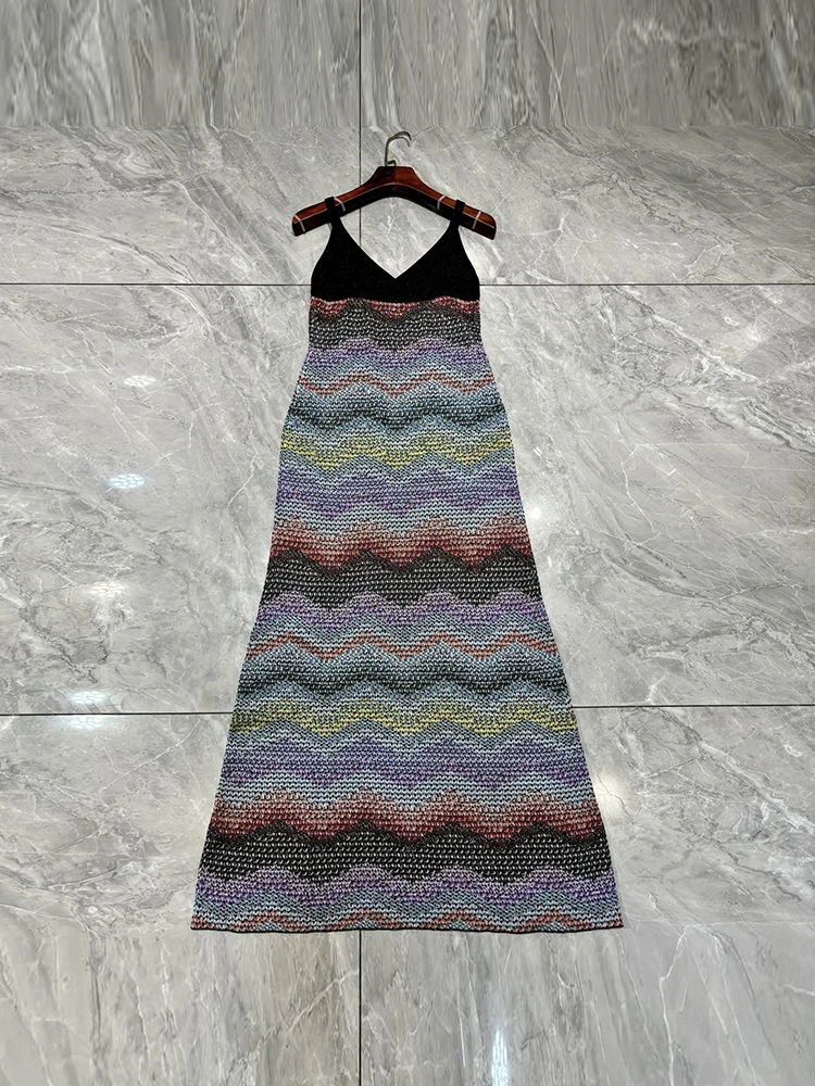 Summer Fashion Party Zigzag pattern Knitting Elegant Long Dress Women's Spaghetti Strap Patchwork High Waist Slim A-Line Dresses