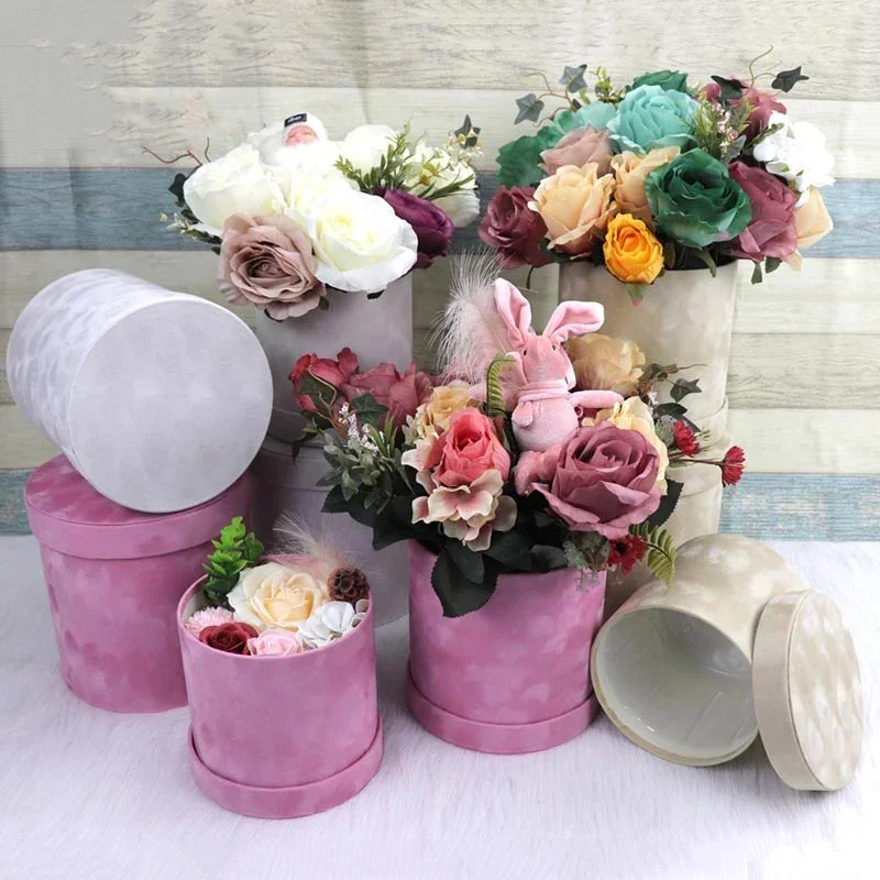 3Pcs/Set Round Shape Velvet Gift Box Florist Flower Holder Bucket Gift Packaging Box Bouquet Packaging Box Party Wedding Supply