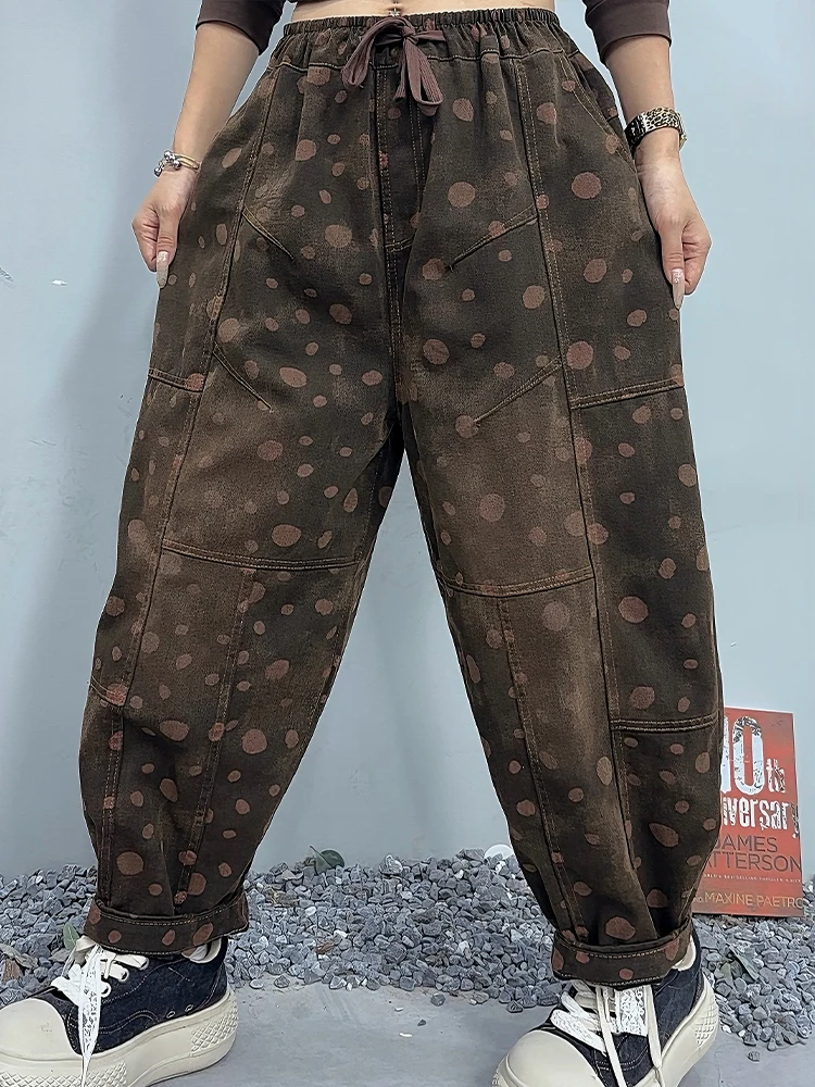 Amax LuluE Pantaloni in denim a pois vintage moda donna autunno Jeans stampati larghi Pantaloni Harem classici casual in vita elastica da donna