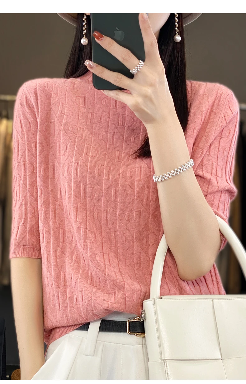 Women New Soft Diamond Letter Design Sweater Half-high Collar Three Quarter Sleeve Pullover Spring Summer Casual Knit Slim Top
