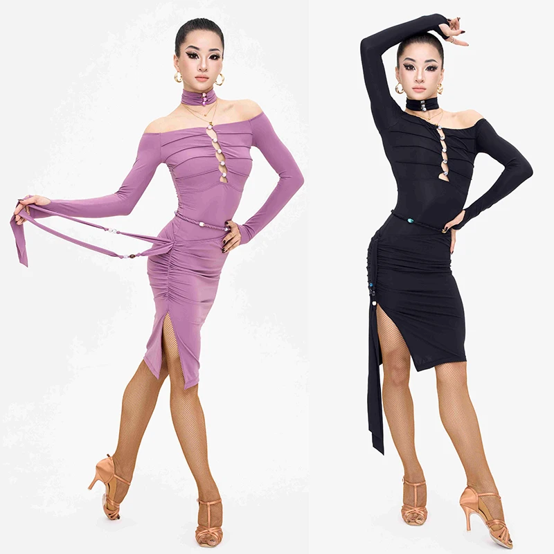 

Костюм для латинских танцев, женская одежда для выступлений, топы с длинными рукавами и открытыми плечами, юбка с запахом, тренировочные платья для румбы, танго, DNV26081