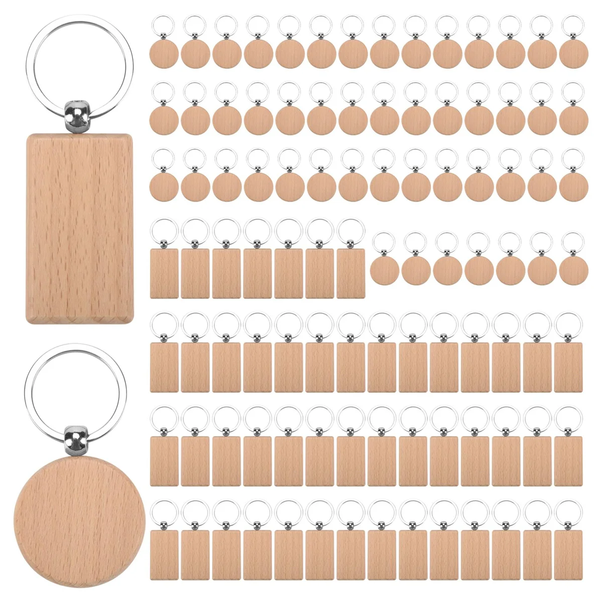 100Pcs DIY Blank Wooden Key Chain Rectangle Heart Round Ellipse Carving Key Ring Wood Key Chain Ring