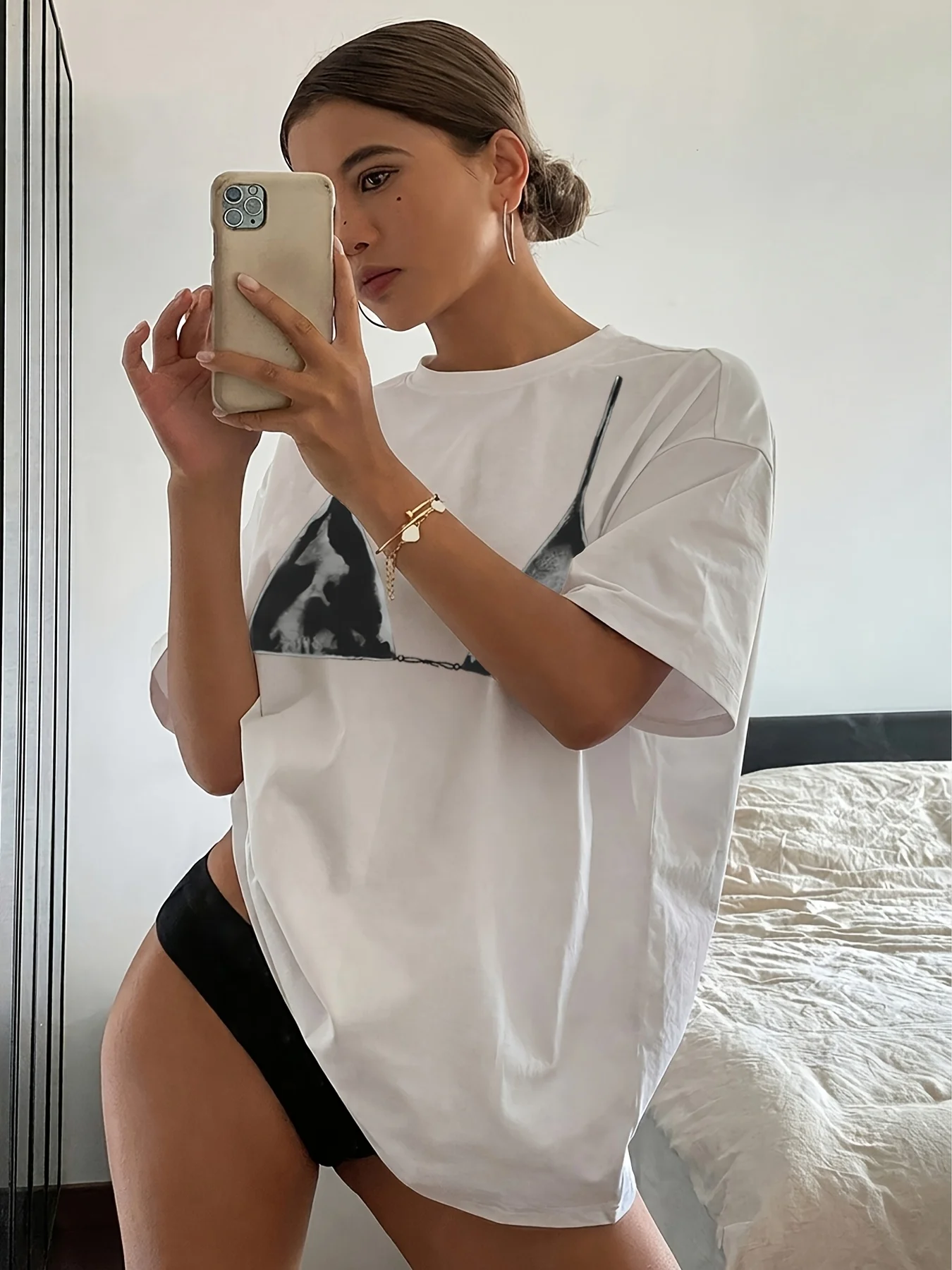 Women'S Printed T-Shirt Niche Design Black Triangle Bra Pattern Design Suitable for Vacation Cruise Travel Beach Outings