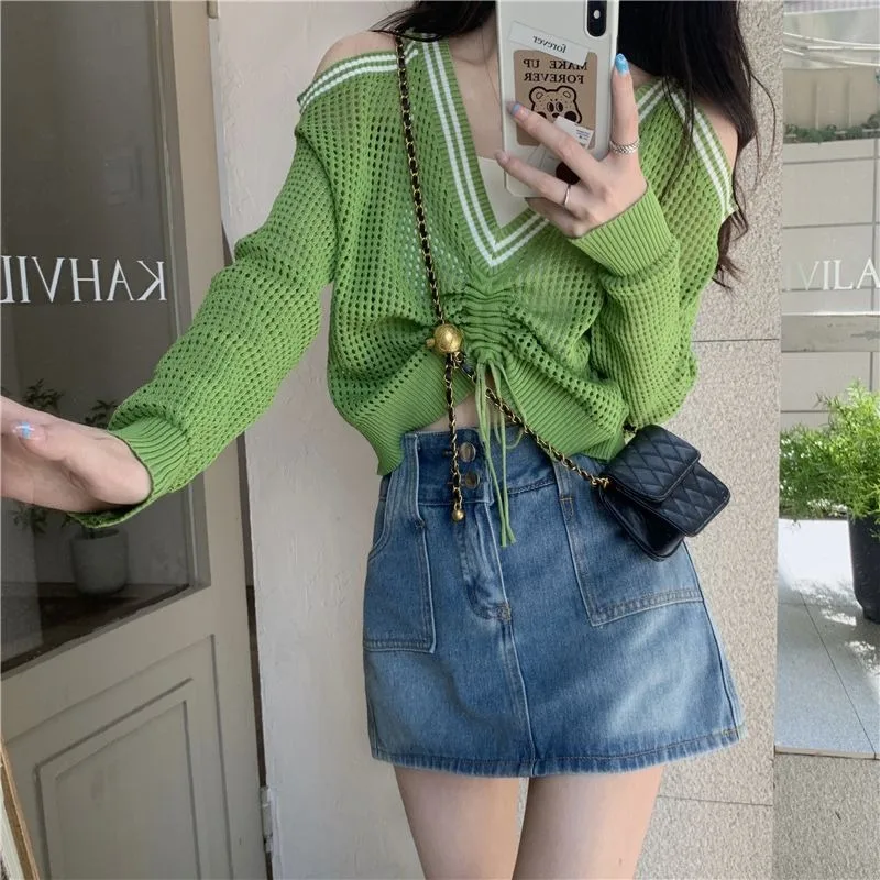 Women Sweater Off Shoulder Hollow Out Thin Pullover Korean Fashion Style Striped Drawsrting Sexvy Summer Tops