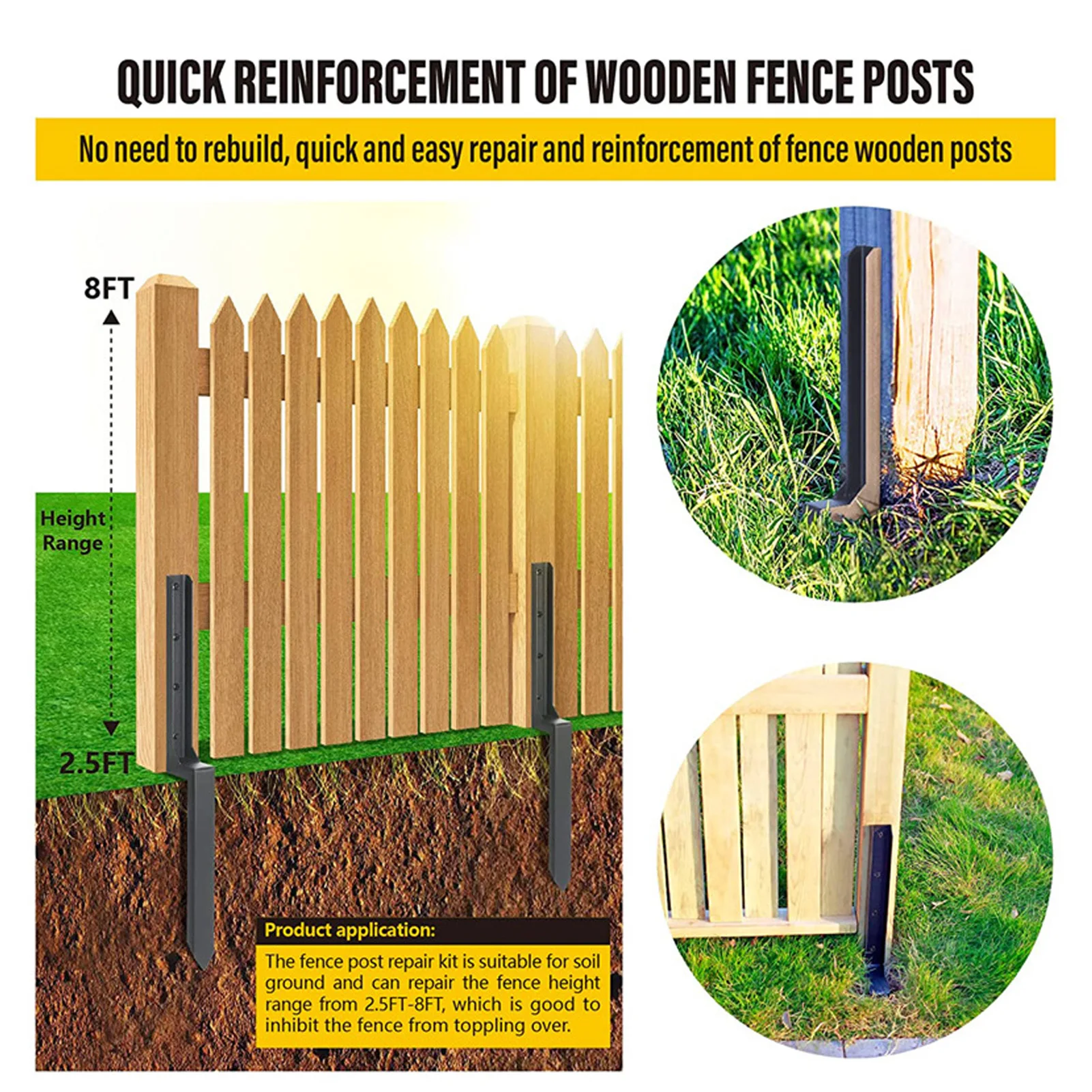 Steel Fence Post Stakes Kit Heavy Duty Steel Post Ground Spike for Repairing Tilted Broken Wood Fence