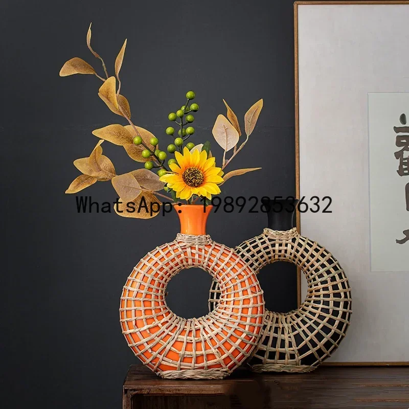 

Ceramic Vase Straw Plaited Article Geometric Rattan Flower Vase Floral Arrangement Accessories Home Decoration Accessories