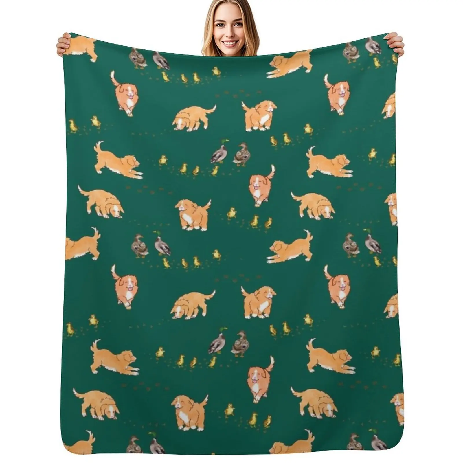 

Toller Puppies and Ducklings - Forest Green Throw Blanket Sleeping Bag Soft Big Camping Blankets