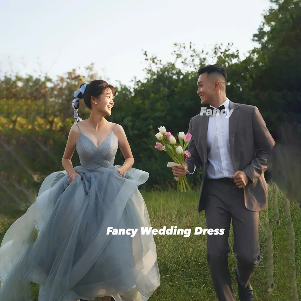 Fancy Korea Princess V Neck Wedding Dress Photo Shoot A Line Soft Tulle Bridal Gown Back Corset Customized 웨딩드레스