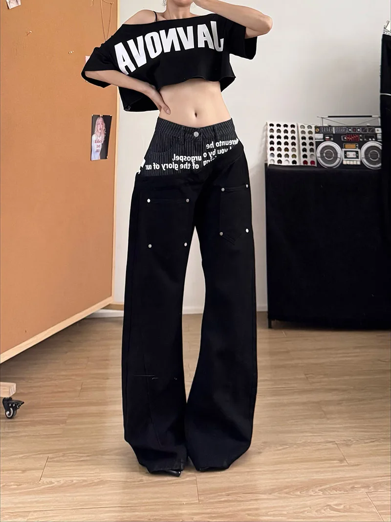 Black Double Waisted Printed Jeans 2026 Autumn New Color Contrasting Rivet Casual Pants Women's High Waisted Straight Leg Pants