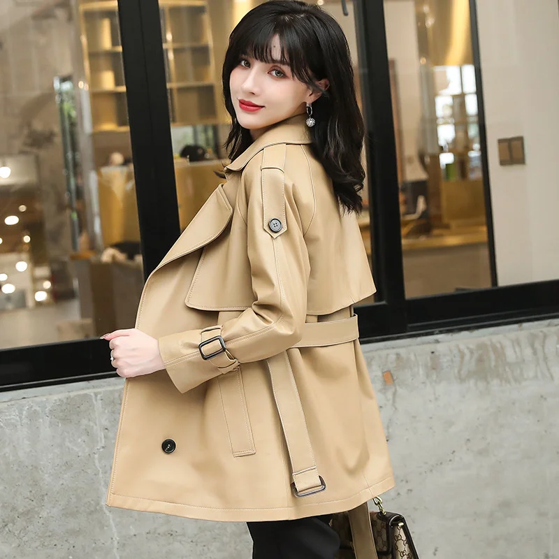 British Style Trend Sheepskin Windbreaker Jacket Women's Spring Mid Length Solid color Lapel Slim Fit Genuine Leather Overcoat