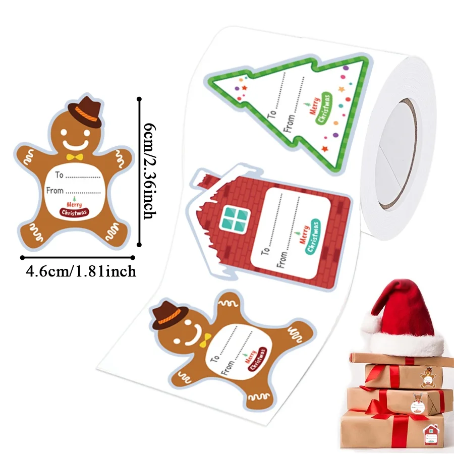 180 PCS Christmas Gift Tag Stickers Roll – Holiday To/From Labels with Santa, Snowman, Reindeer, Tree, House & Gingerbread