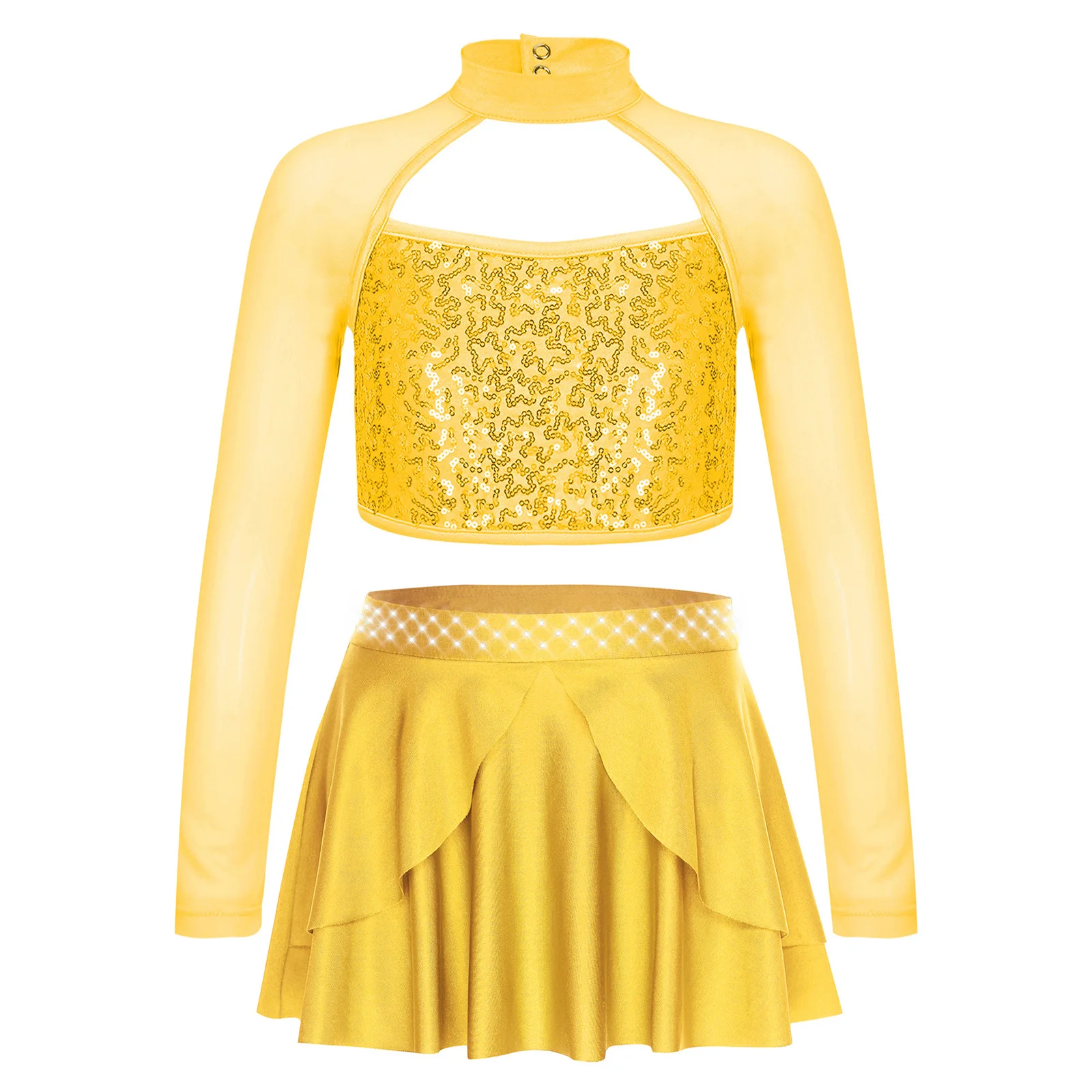 

Girls Latin Jazz Dance Costume Hip Hop Streetwear Long Sleeve Hollow Shiny Sequin Crop Top+Skirt with Built-in Briefs 2Pcs/Set