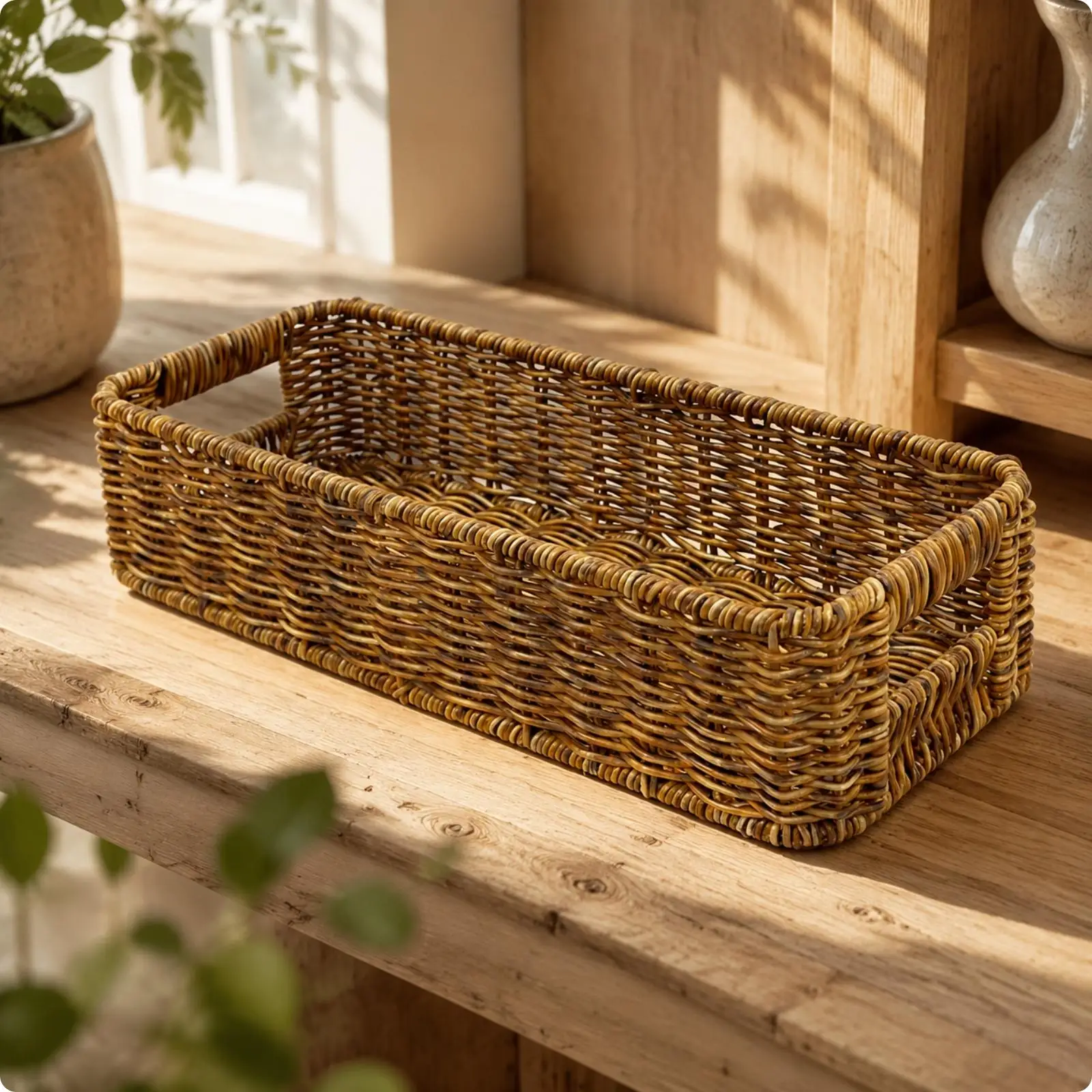 Space-Saving Desktop Storage Basket | Open-Top Design for Easy Access, Compact Rectangular Shape Rattan Basket, Countertop