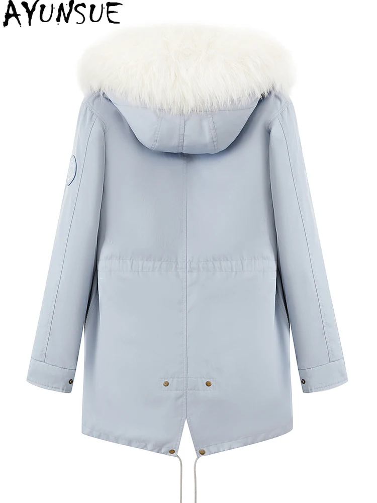 AYUNSUE 너구리 모피 파카 여성 2025 리얼 퍼 코트 겨울 의류 중간 길이 트렌치 코트 너구리 모피 칼라 여성용 코트