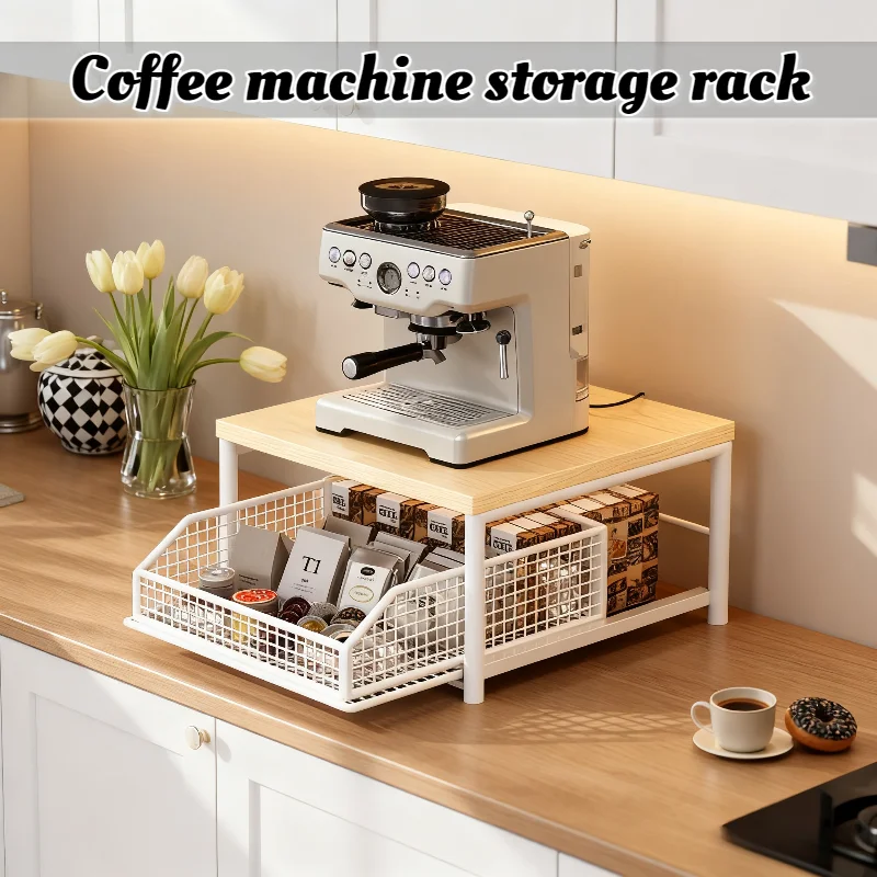 

Multi Purpose Coffee Station Organizer with Storage Drawer Shelves for Capsules Tea Bags Cups Snacks Kitchen Countertop Display