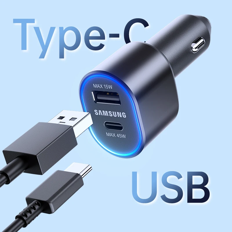 45 واط الأصلي نوع C شاحن سيارة USB A 60 واط شحن سريع PD الهاتف لسامسونج غالاكسي S24 S23 S22 الترا S21 ملاحظة 20 تبويب S8 تيبو